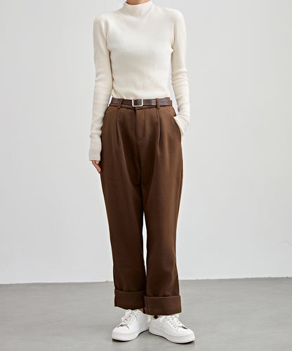 裏起毛 ストレート ロールアップ タック パンツ