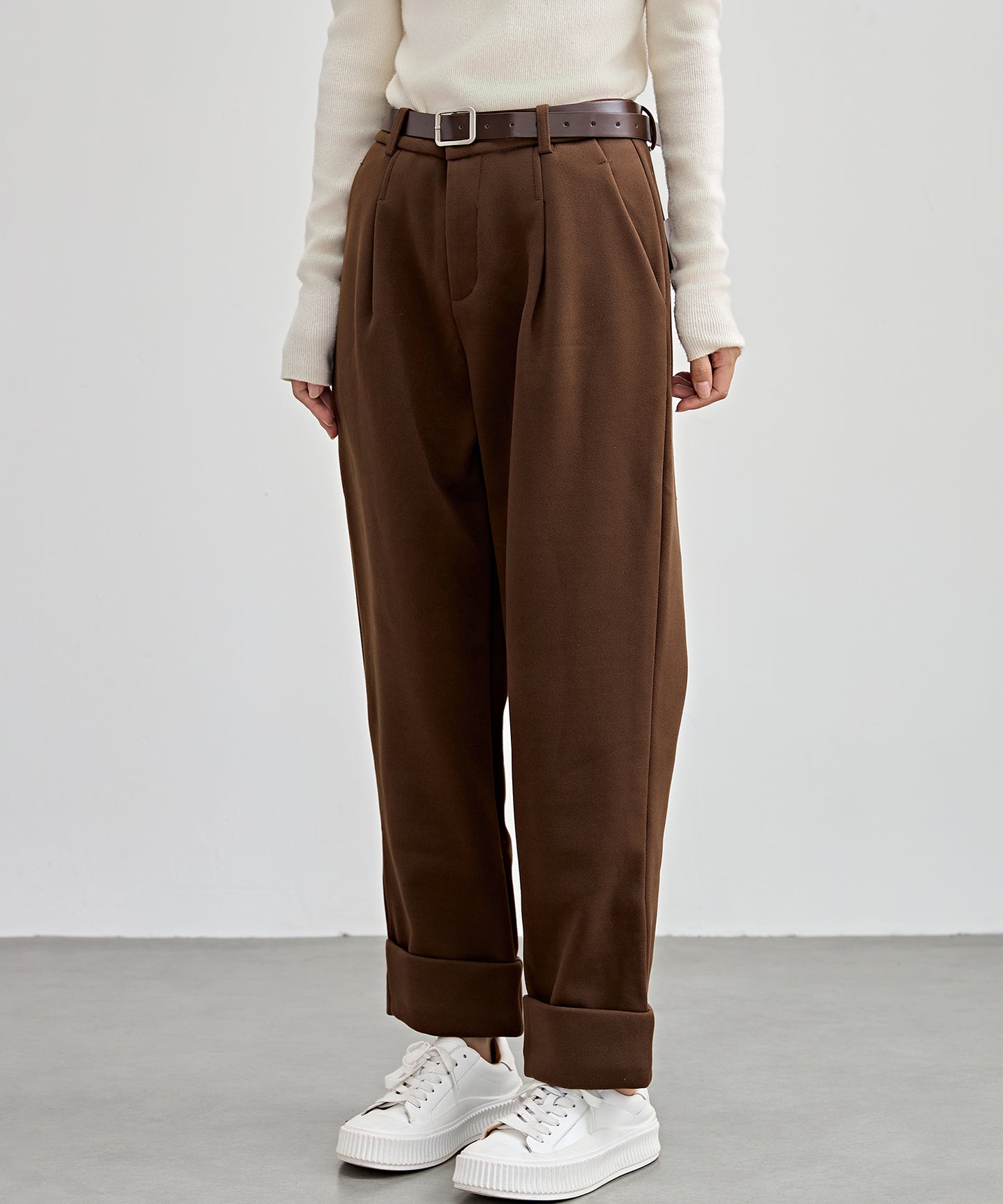 裏起毛 ストレート ロールアップ タック パンツ