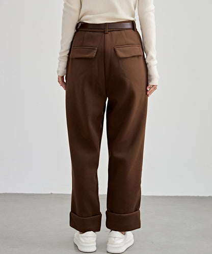 裏起毛 ストレート ロールアップ タック パンツ