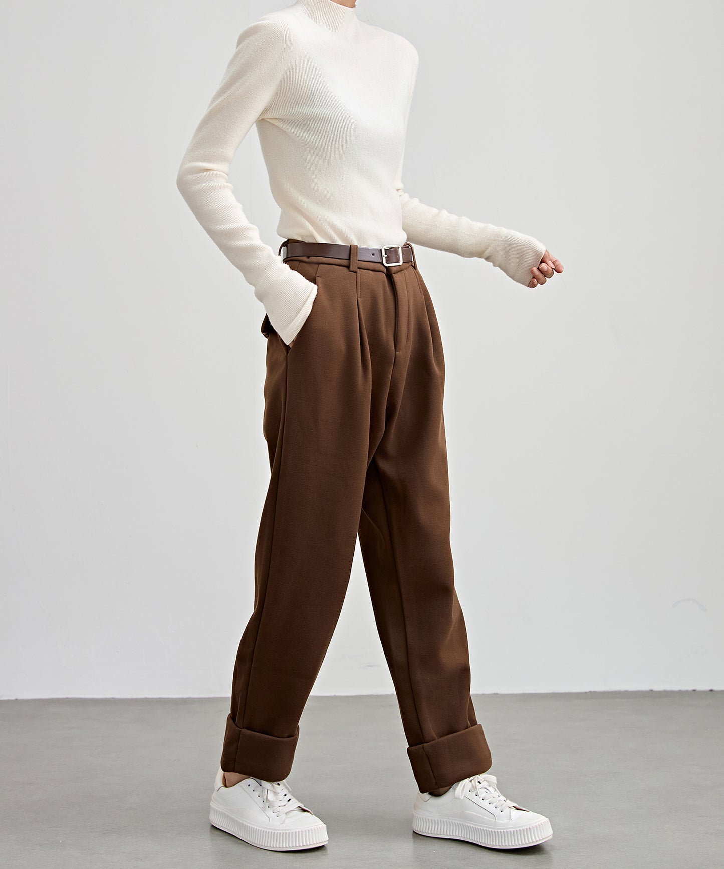 裏起毛 ストレート ロールアップ タック パンツ