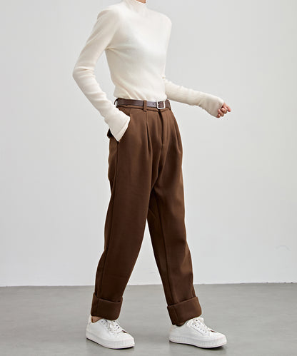 裏起毛 ストレート ロールアップ タック パンツ