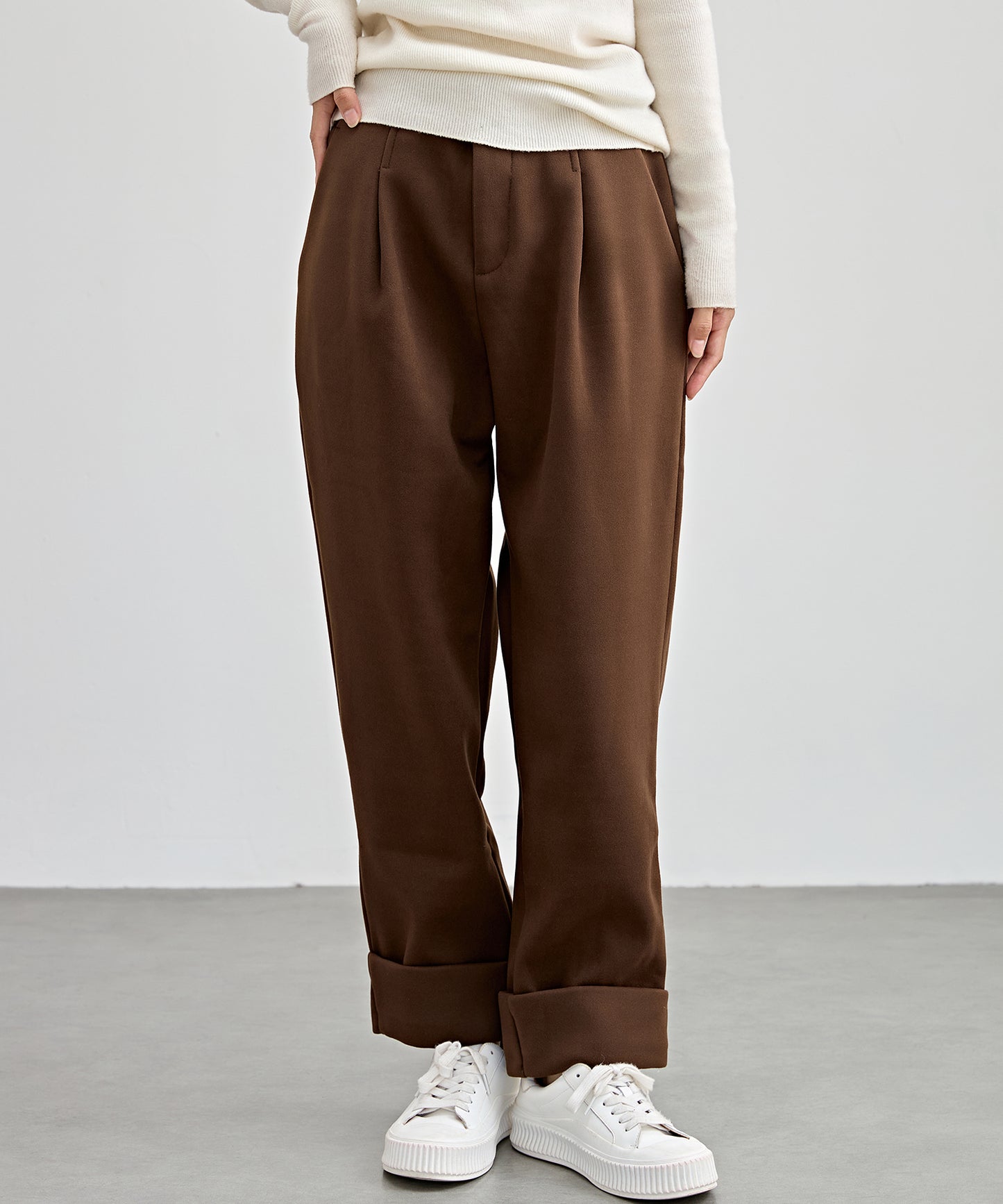 裏起毛 ストレート ロールアップ タック パンツ