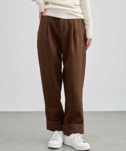 裏起毛 ストレート ロールアップ タック パンツ