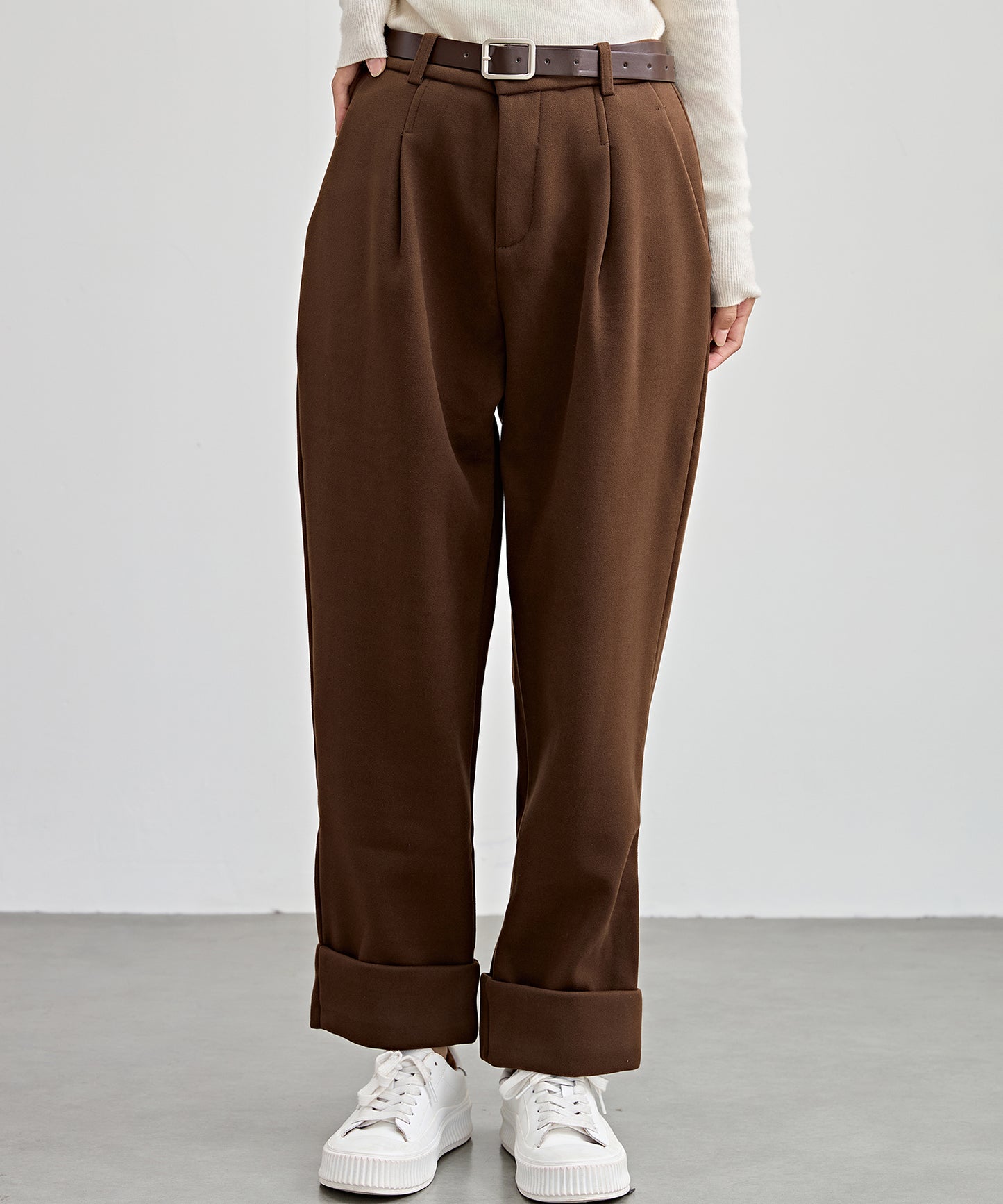 裏起毛 ストレート ロールアップ タック パンツ