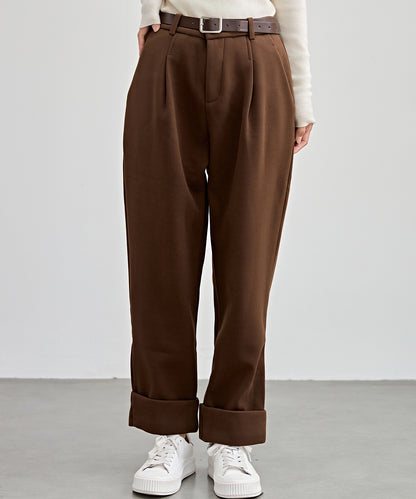 裏起毛 ストレート ロールアップ タック パンツ