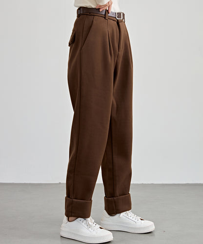 裏起毛 ストレート ロールアップ タック パンツ