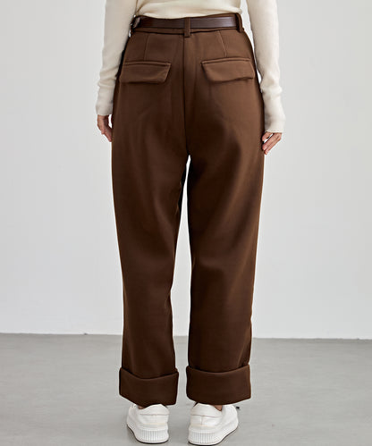 裏起毛 ストレート ロールアップ タック パンツ