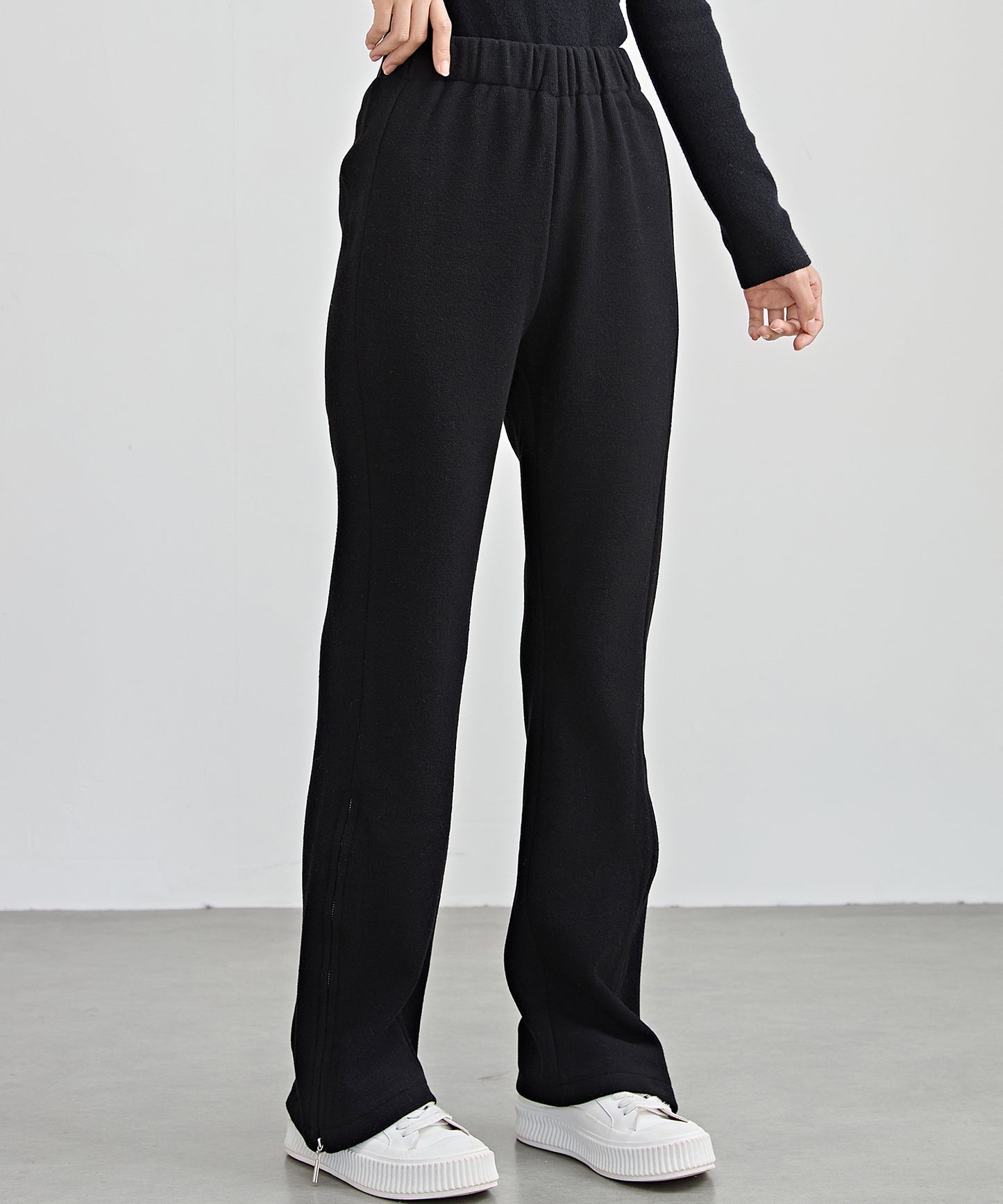 ハイウエスト 裾ジップ ストレート ニット イージーパンツ 裏起毛