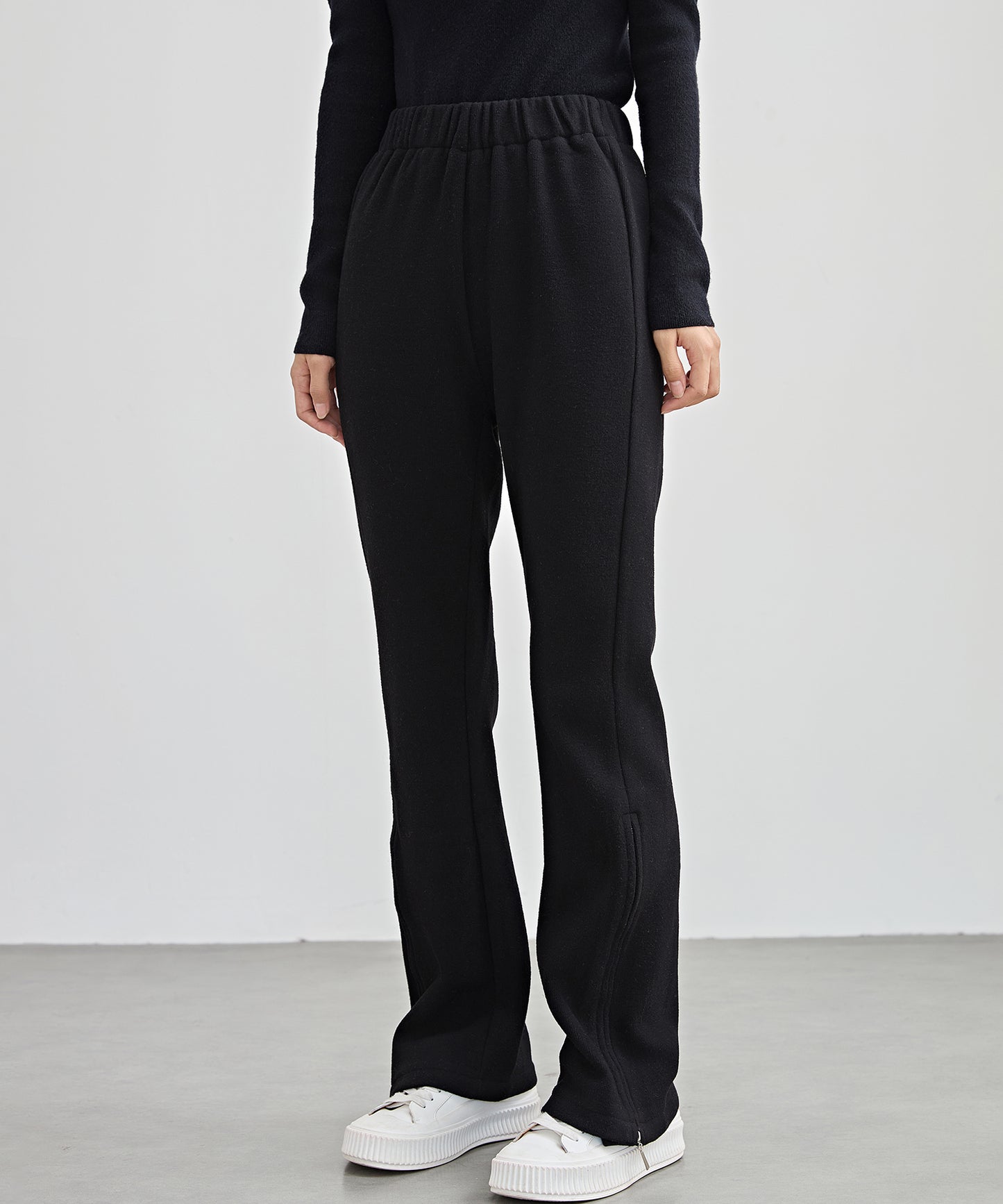 ハイウエスト 裾ジップ ストレート ニット イージーパンツ 裏起毛