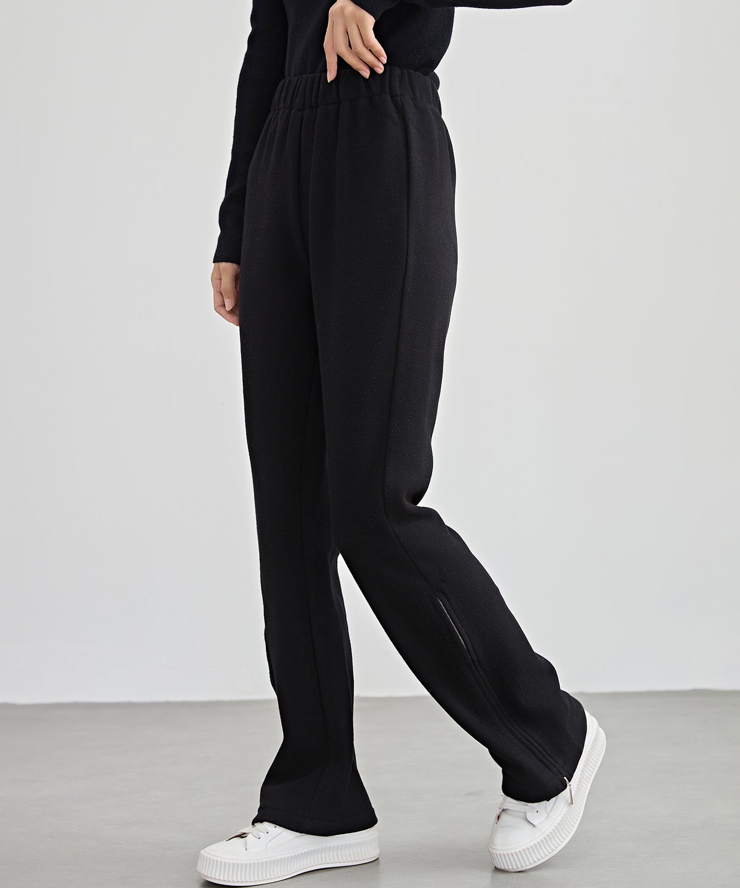 ハイウエスト 裾ジップ ストレート ニット イージーパンツ 裏起毛