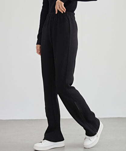 ハイウエスト 裾ジップ ストレート ニット イージーパンツ 裏起毛