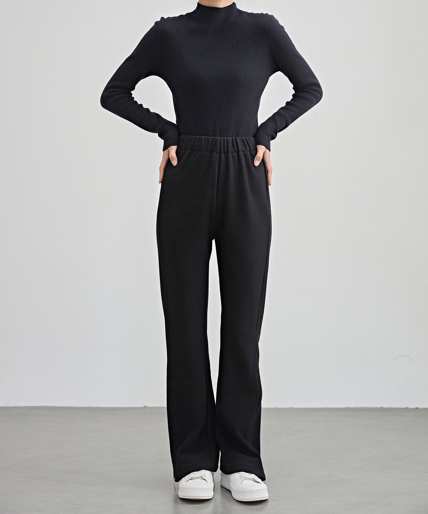 ハイウエスト 裾ジップ ストレート ニット イージーパンツ 裏起毛