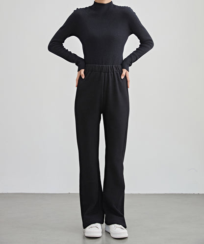 ハイウエスト 裾ジップ ストレート ニット イージーパンツ 裏起毛