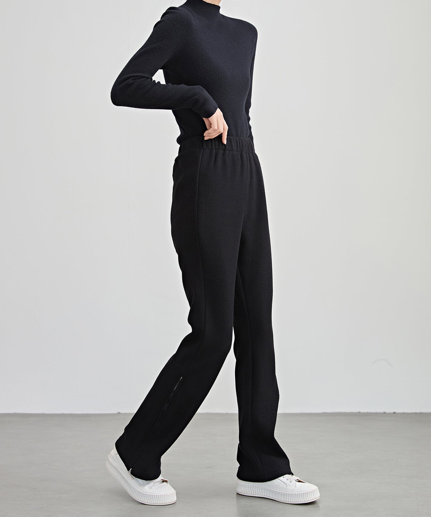 ハイウエスト 裾ジップ ストレート ニット イージーパンツ 裏起毛