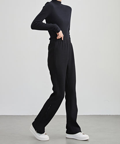 ハイウエスト 裾ジップ ストレート ニット イージーパンツ 裏起毛