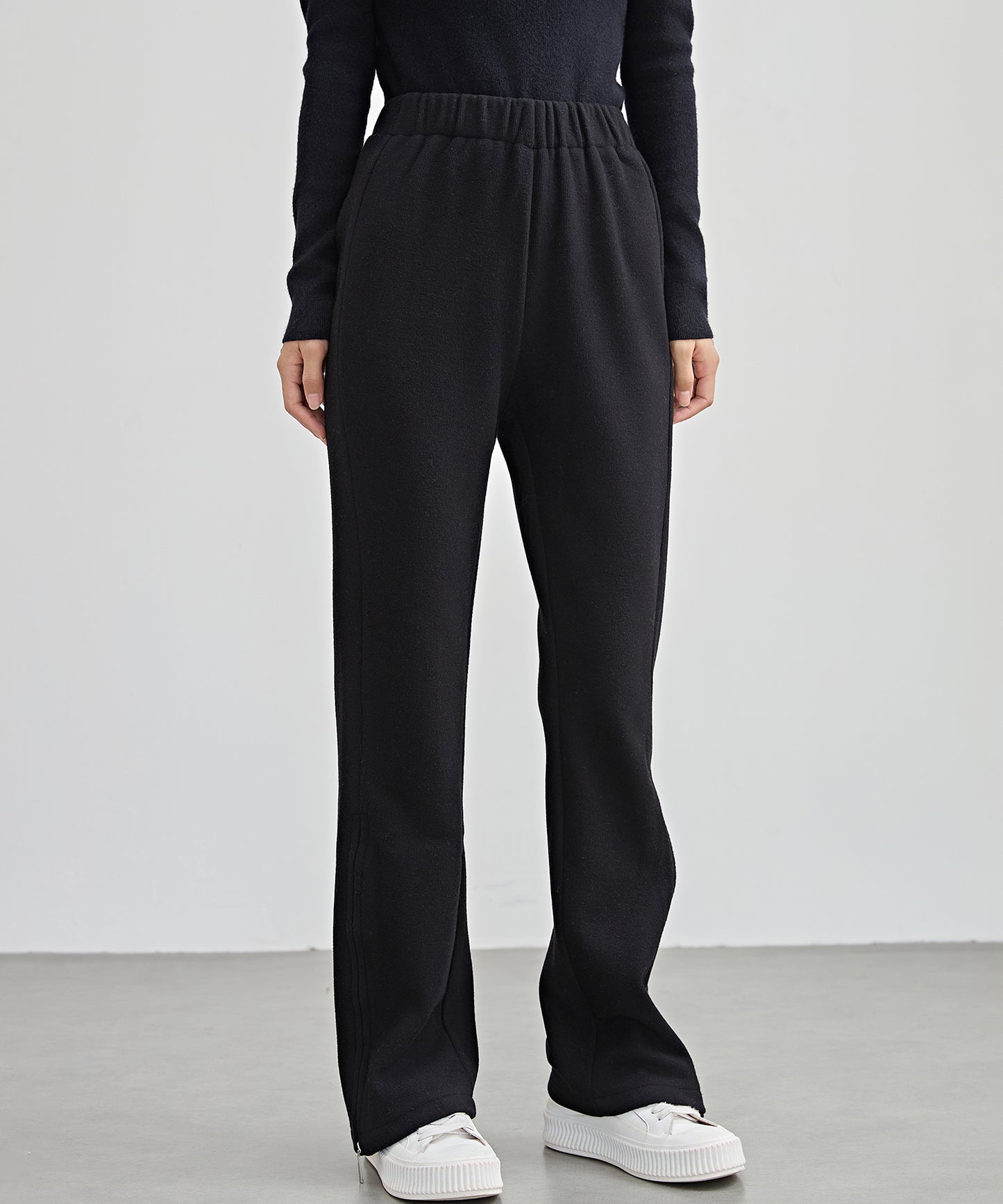ハイウエスト 裾ジップ ストレート ニット イージーパンツ 裏起毛