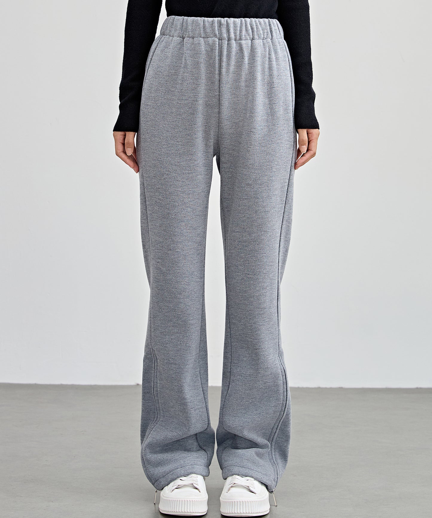 ハイウエスト 裾ジップ ストレート ニット イージーパンツ 裏起毛
