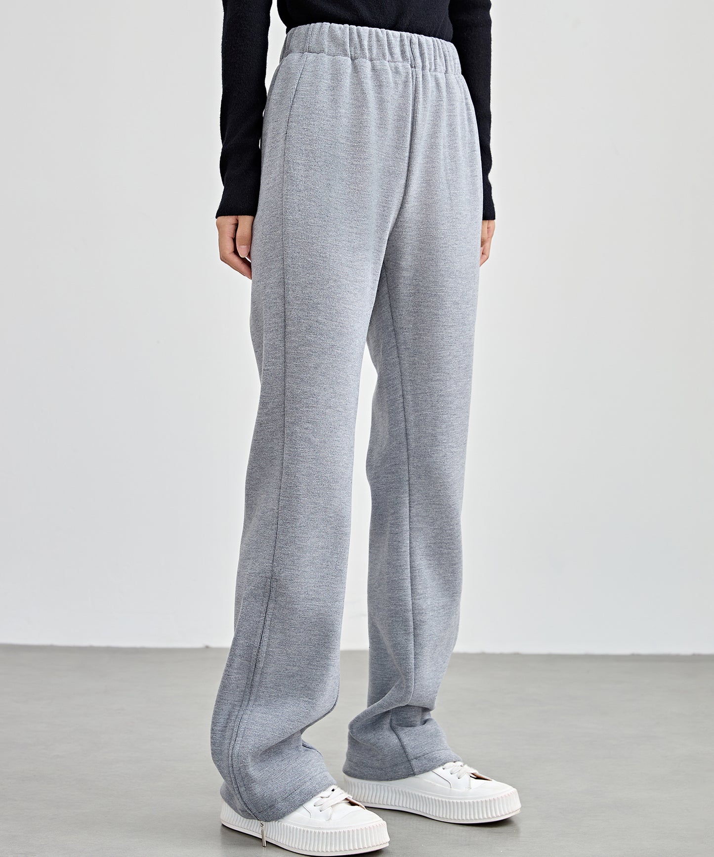 ハイウエスト 裾ジップ ストレート ニット イージーパンツ 裏起毛