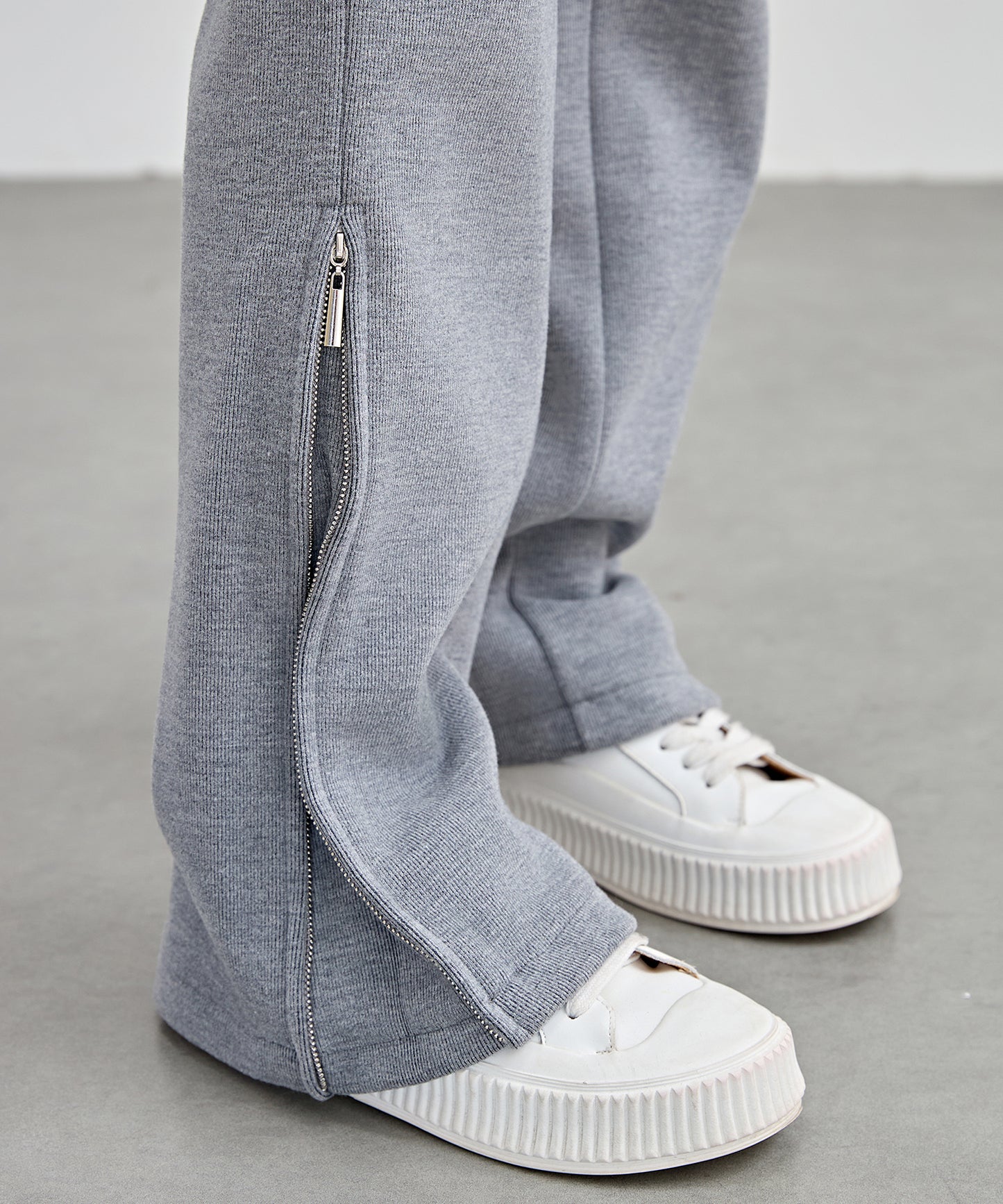 ハイウエスト 裾ジップ ストレート ニット イージーパンツ 裏起毛