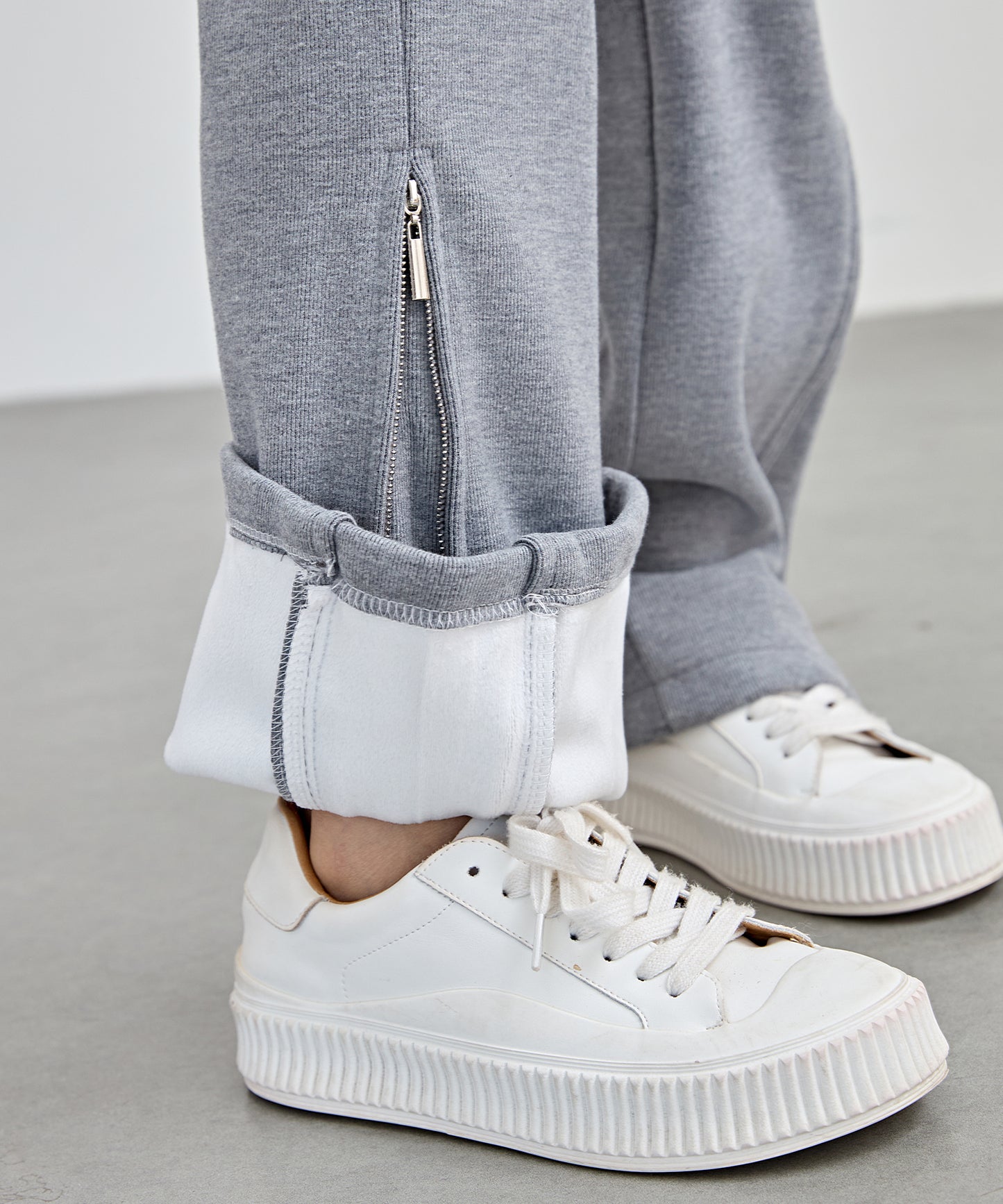 ハイウエスト 裾ジップ ストレート ニット イージーパンツ 裏起毛