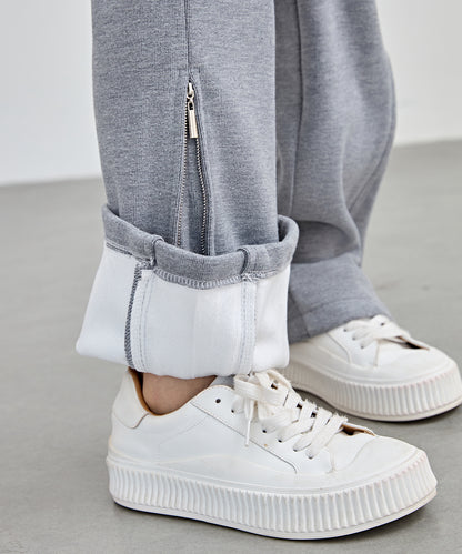 ハイウエスト 裾ジップ ストレート ニット イージーパンツ 裏起毛