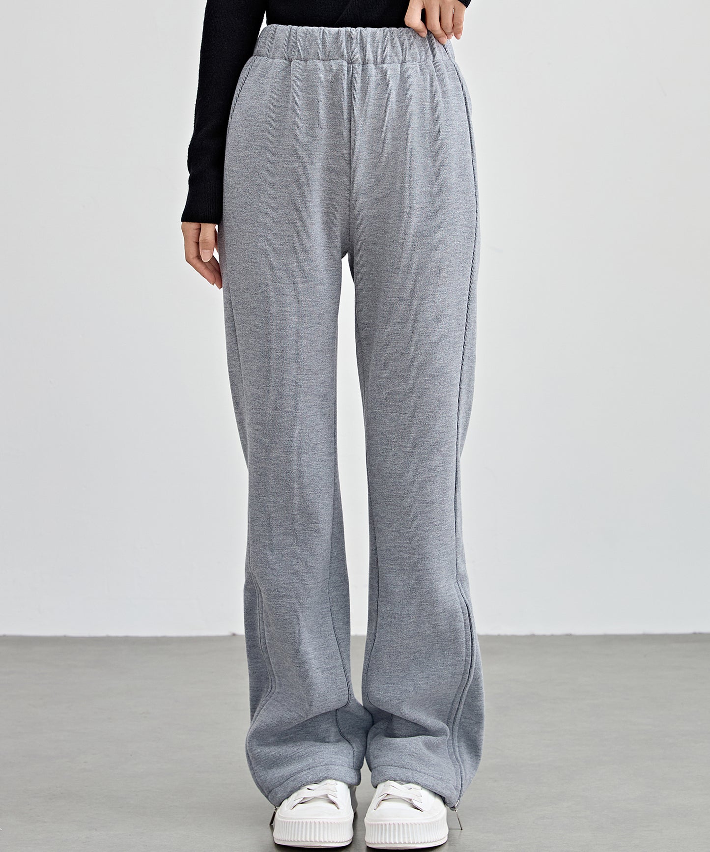 ハイウエスト 裾ジップ ストレート ニット イージーパンツ 裏起毛