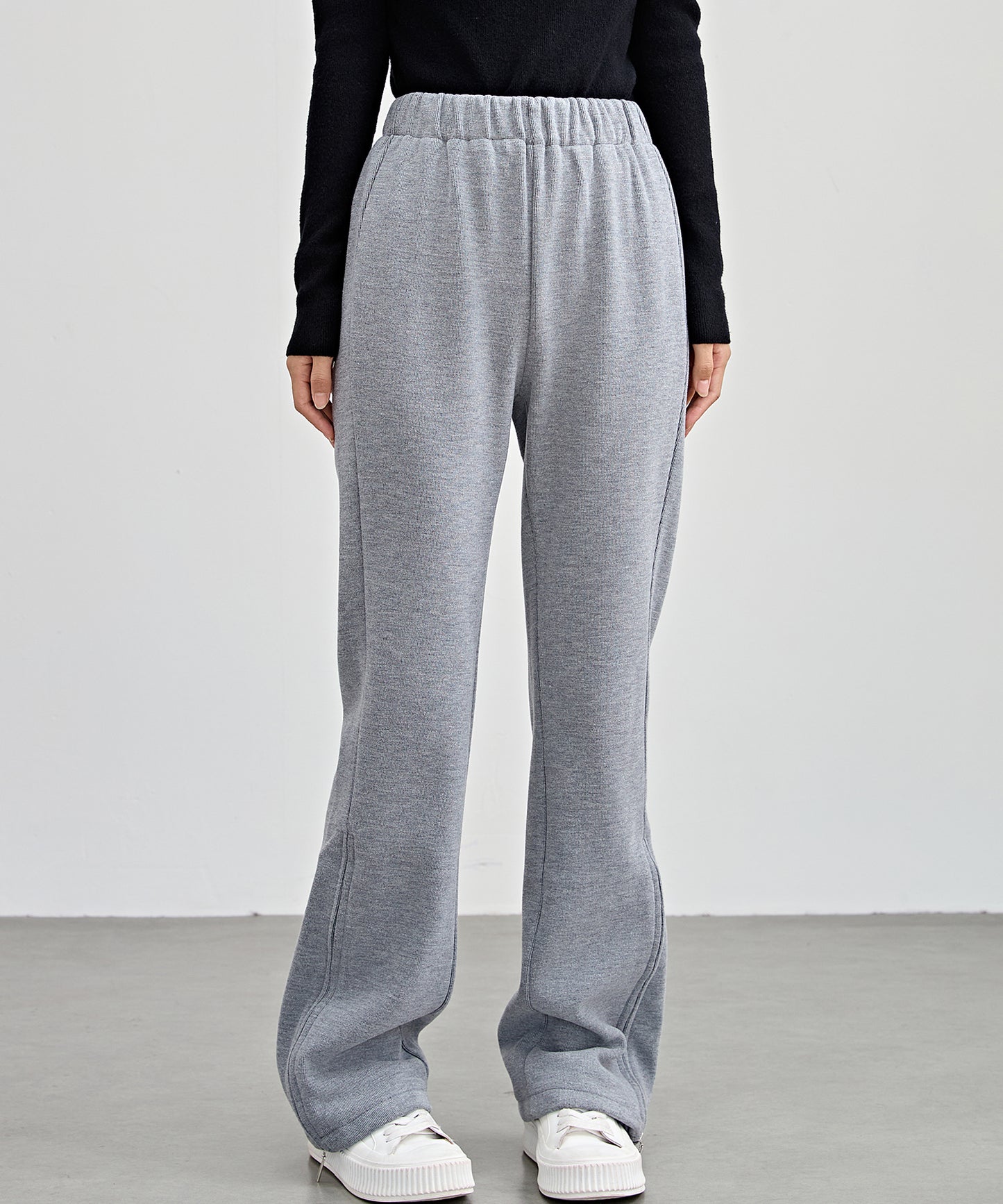 ハイウエスト 裾ジップ ストレート ニット イージーパンツ 裏起毛