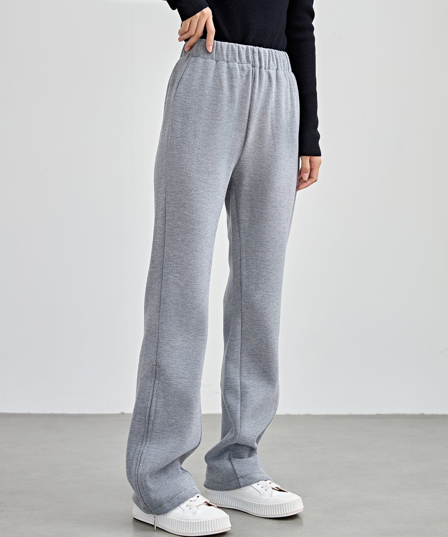 ハイウエスト 裾ジップ ストレート ニット イージーパンツ 裏起毛