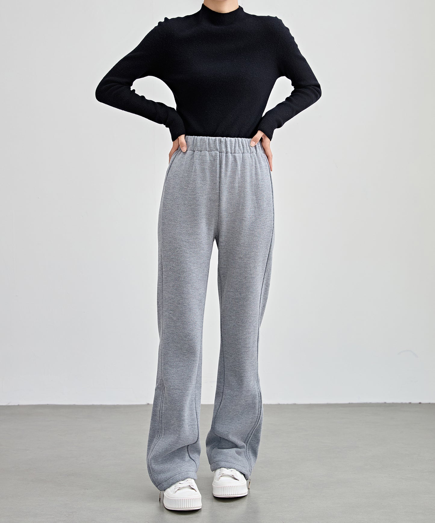 ハイウエスト 裾ジップ ストレート ニット イージーパンツ 裏起毛