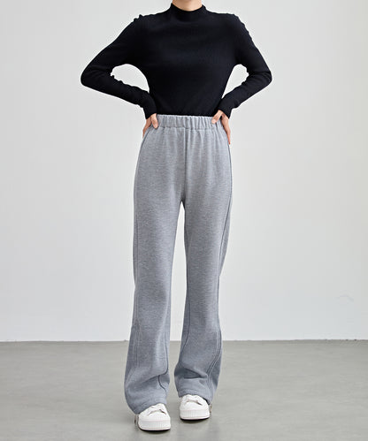 ハイウエスト 裾ジップ ストレート ニット イージーパンツ 裏起毛