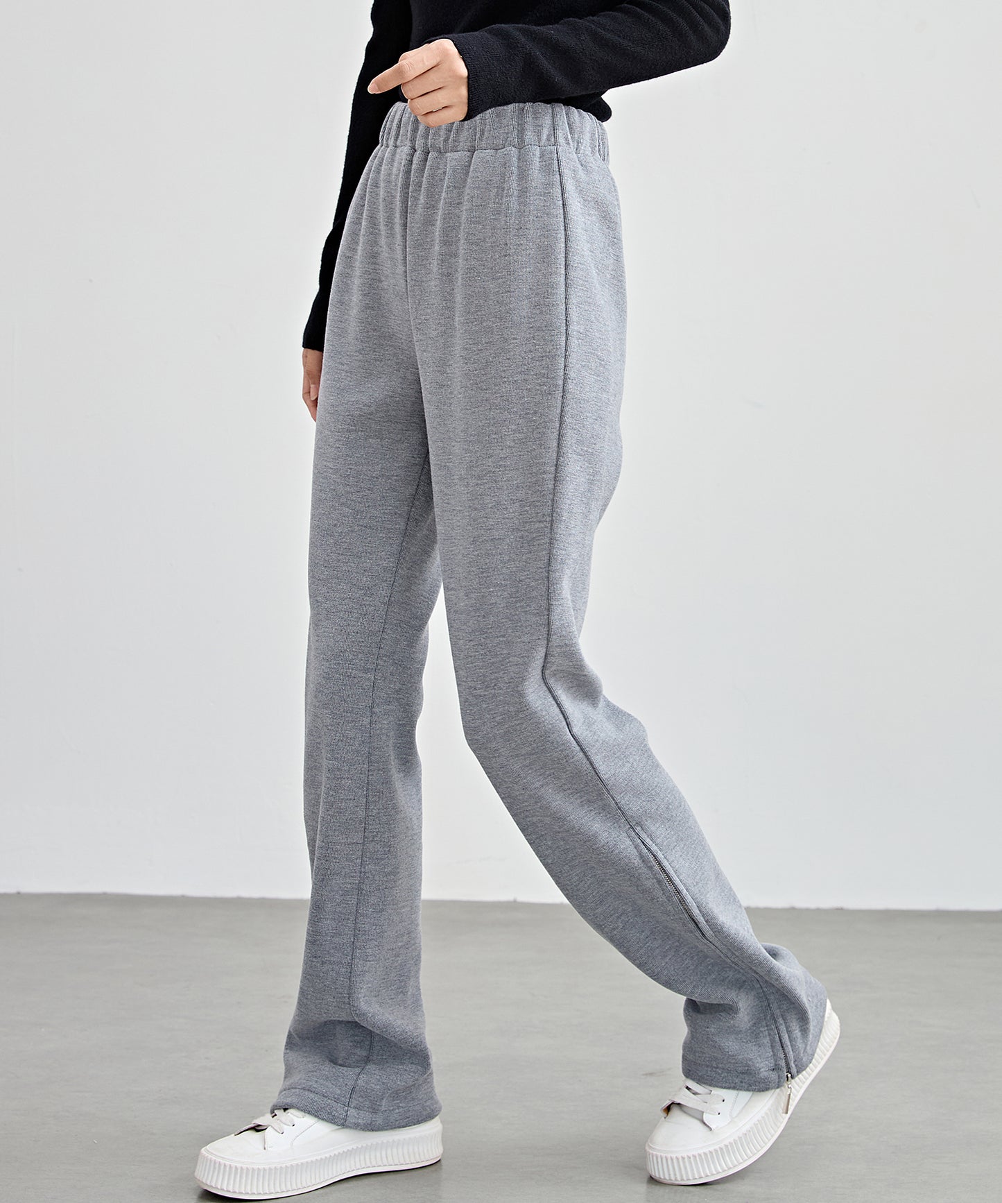 ハイウエスト 裾ジップ ストレート ニット イージーパンツ 裏起毛