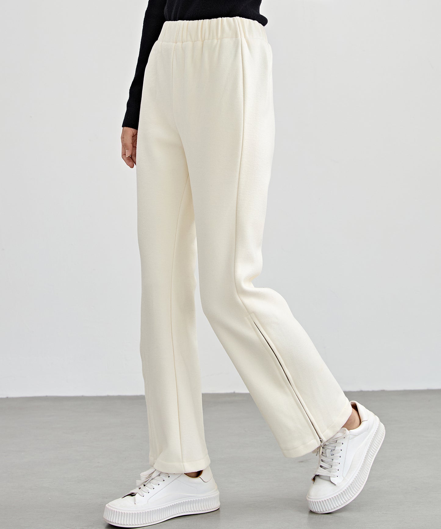 ハイウエスト 裾ジップ ストレート ニット イージーパンツ 裏起毛