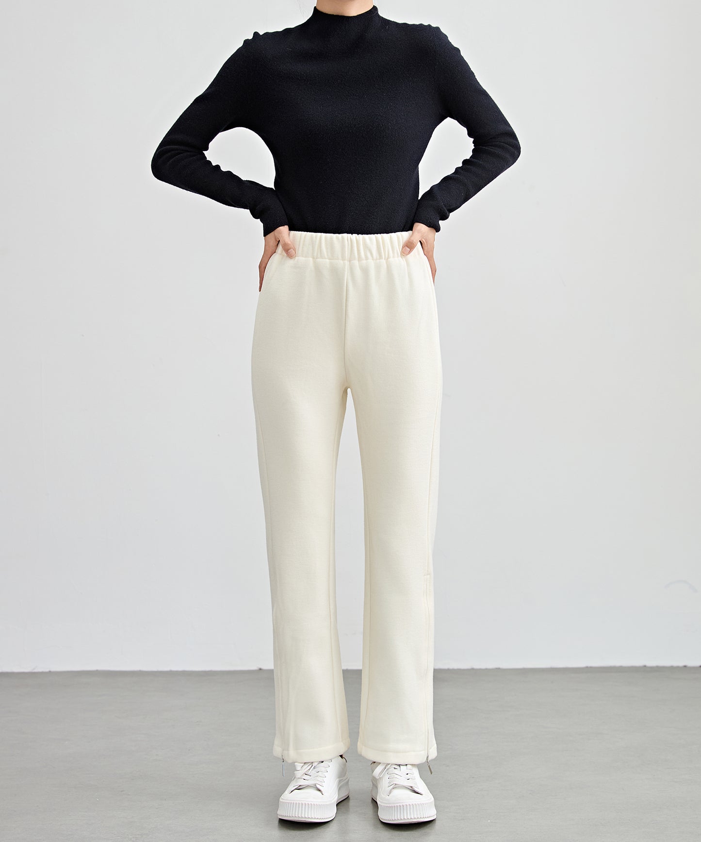 ハイウエスト 裾ジップ ストレート ニット イージーパンツ 裏起毛