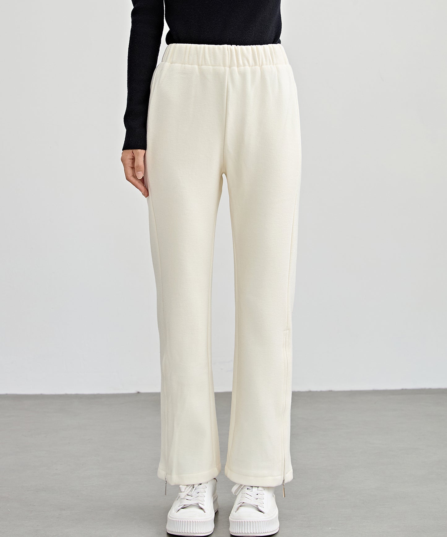 ハイウエスト 裾ジップ ストレート ニット イージーパンツ 裏起毛