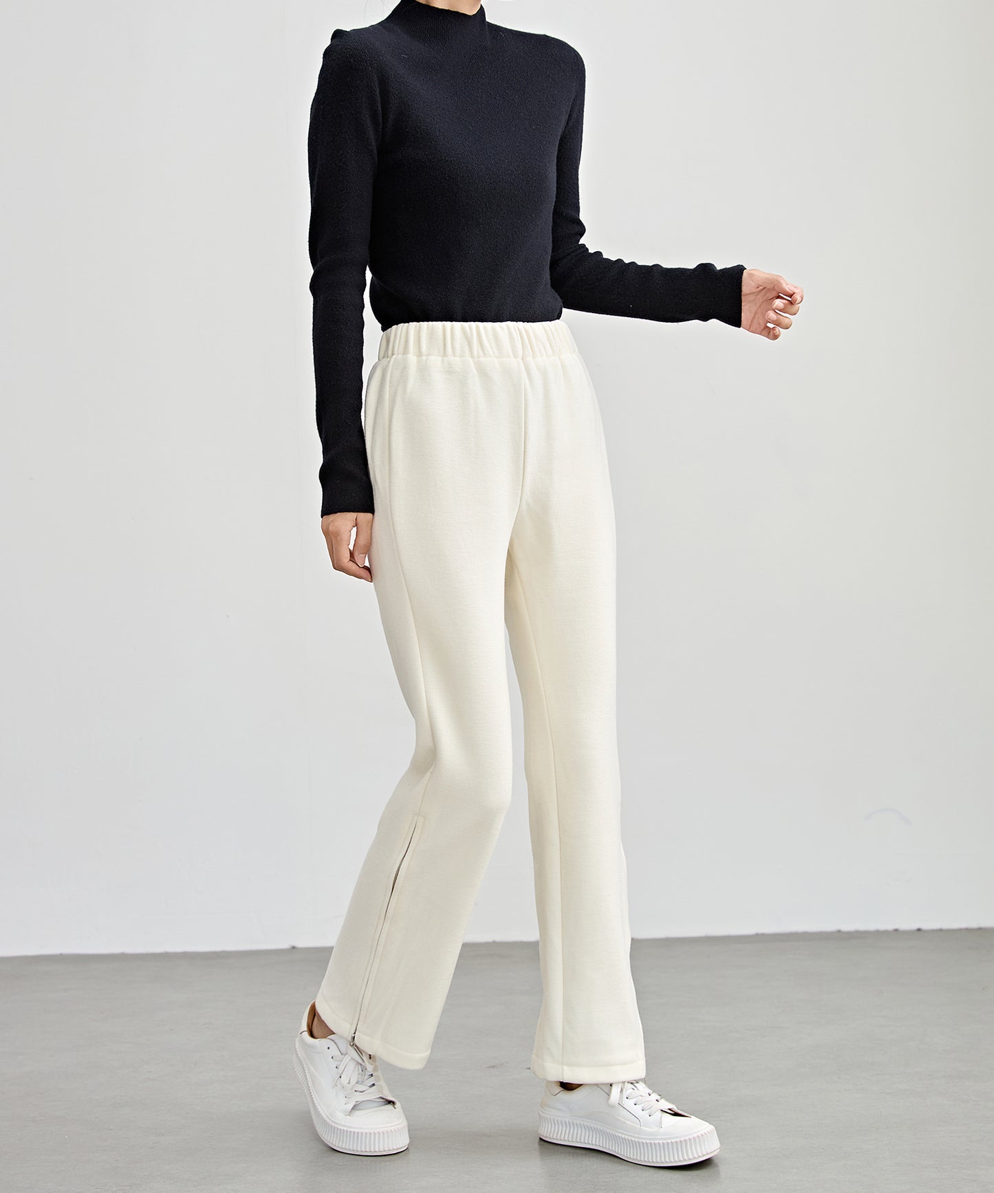 ハイウエスト 裾ジップ ストレート ニット イージーパンツ 裏起毛