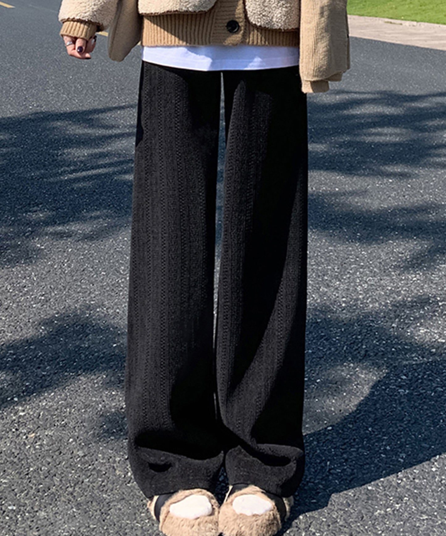 ストライプ柄 ウエスト イージー セミワイド 裏起毛 パンツ