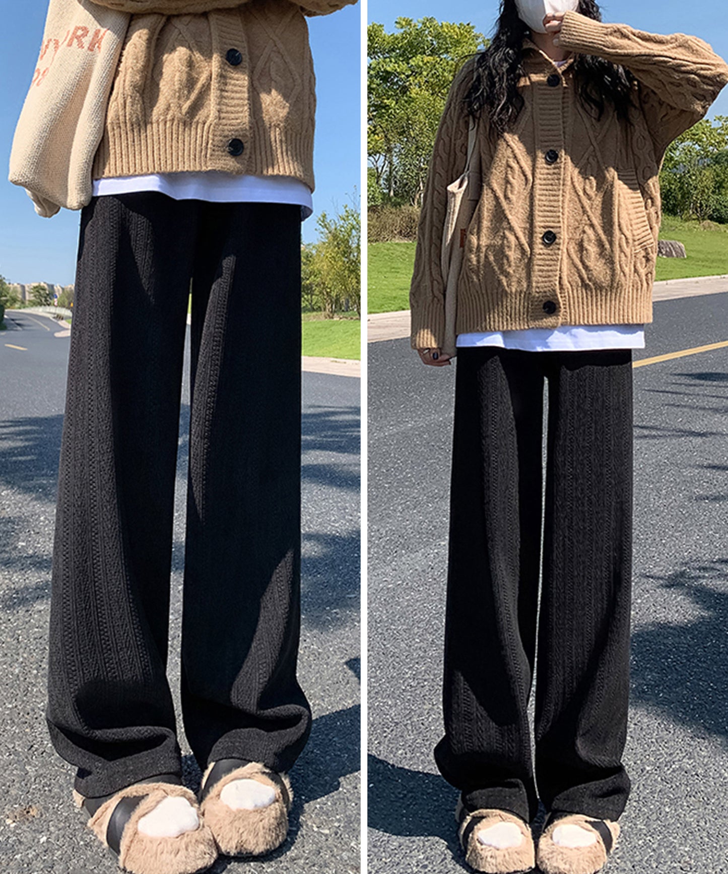 ストライプ柄 ウエスト イージー セミワイド 裏起毛 パンツ
