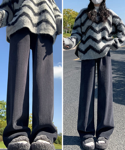 ストライプ柄 ウエスト イージー セミワイド 裏起毛 パンツ