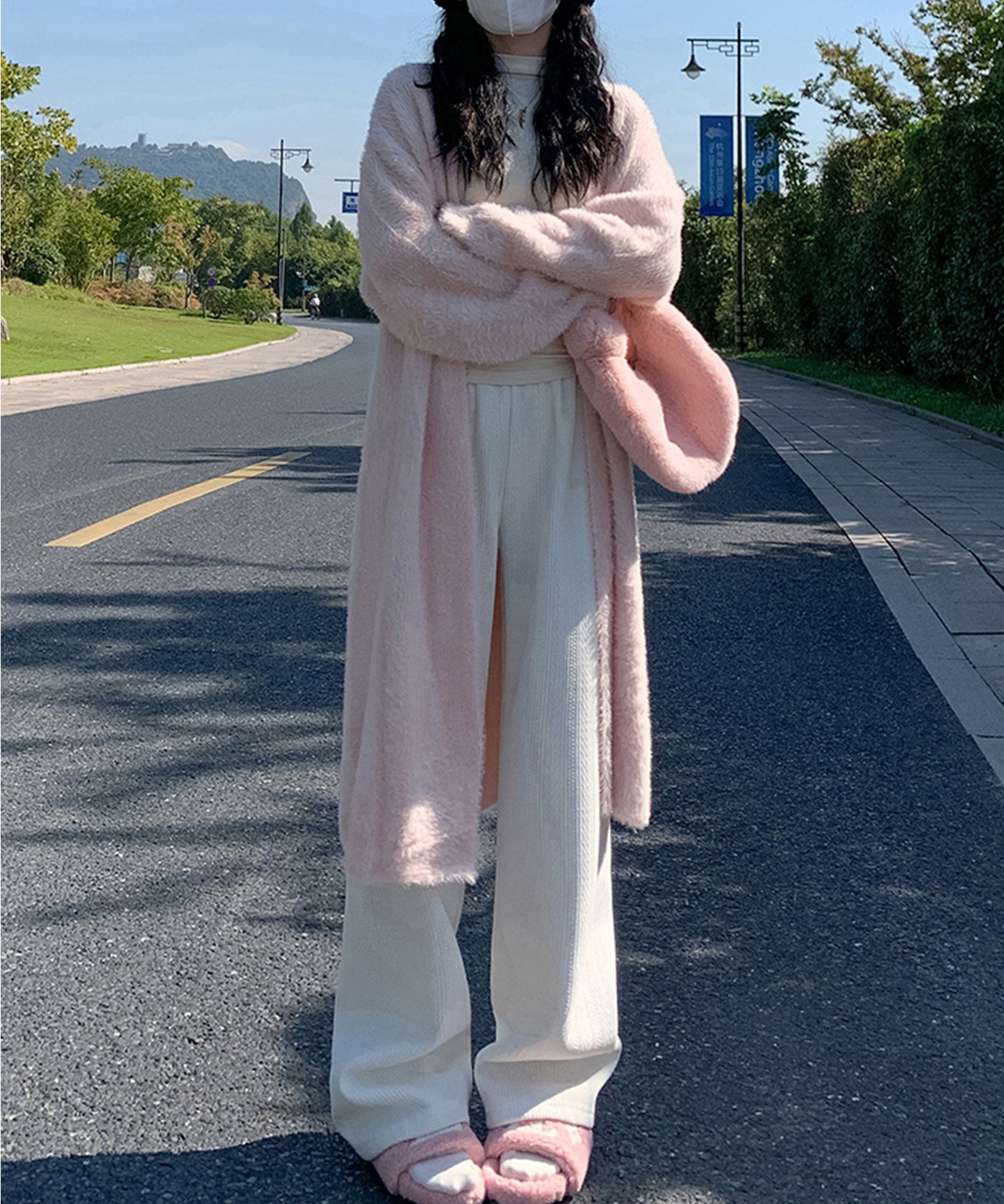 ストライプ柄 ウエスト イージー セミワイド 裏起毛 パンツ