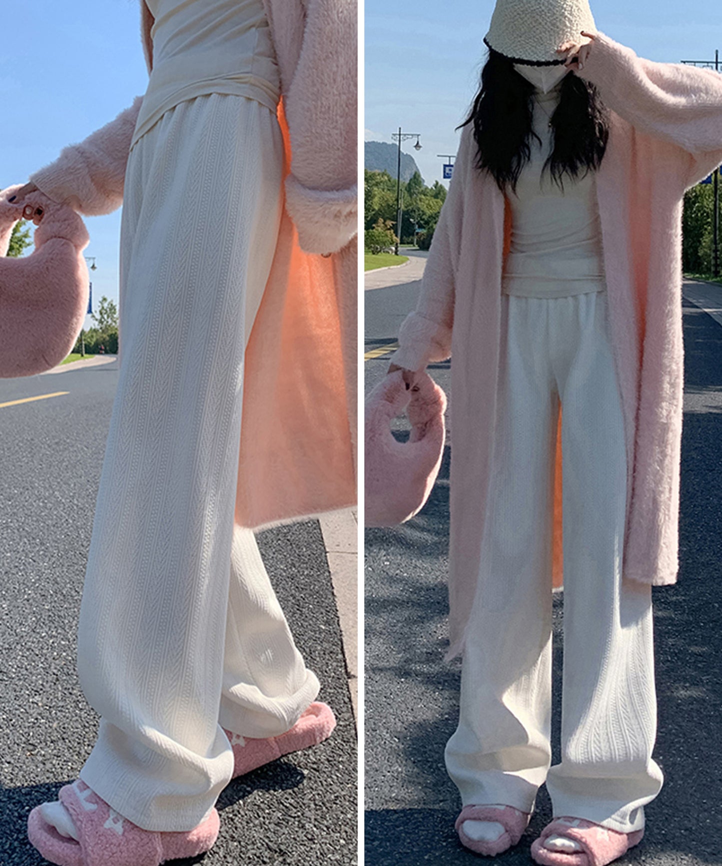 ストライプ柄 ウエスト イージー セミワイド 裏起毛 パンツ