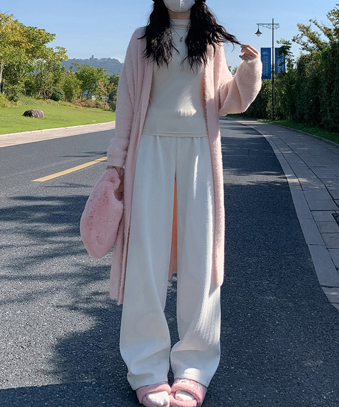 ストライプ柄 ウエスト イージー セミワイド 裏起毛 パンツ