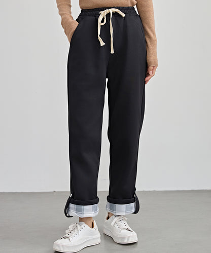 裏起毛 配色 チェック イージー ストレート パンツ