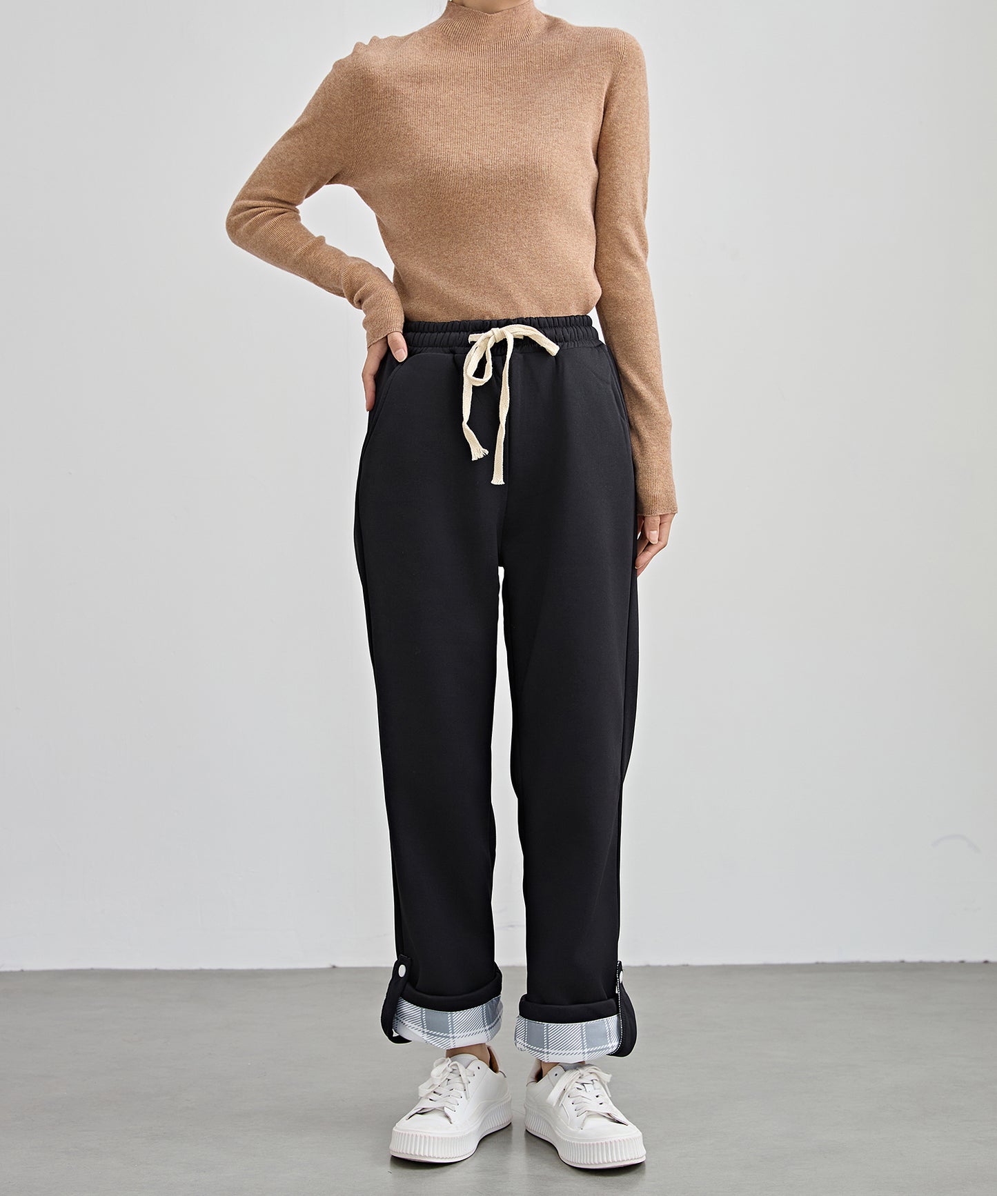 裏起毛 配色 チェック イージー ストレート パンツ