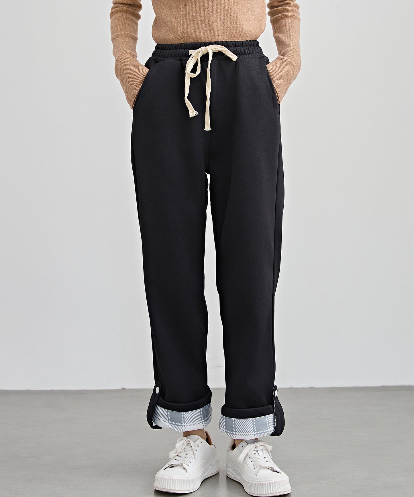 裏起毛 配色 チェック イージー ストレート パンツ