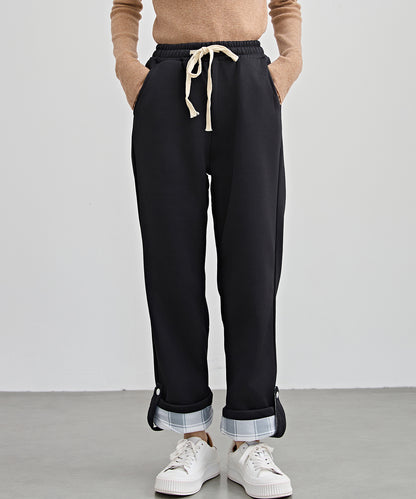 裏起毛 配色 チェック イージー ストレート パンツ