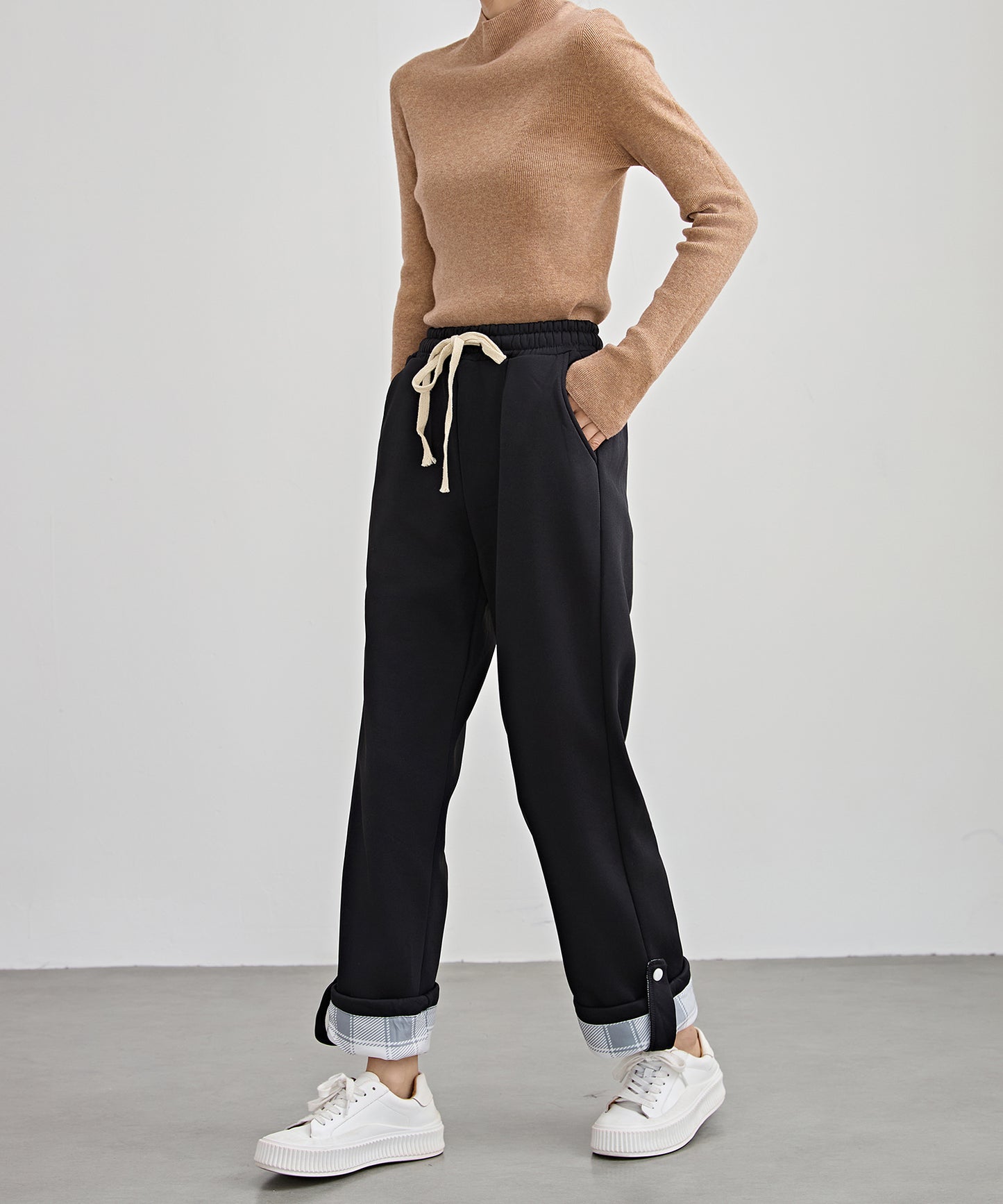 裏起毛 配色 チェック イージー ストレート パンツ