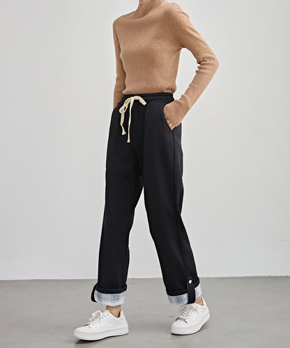 裏起毛 配色 チェック イージー ストレート パンツ