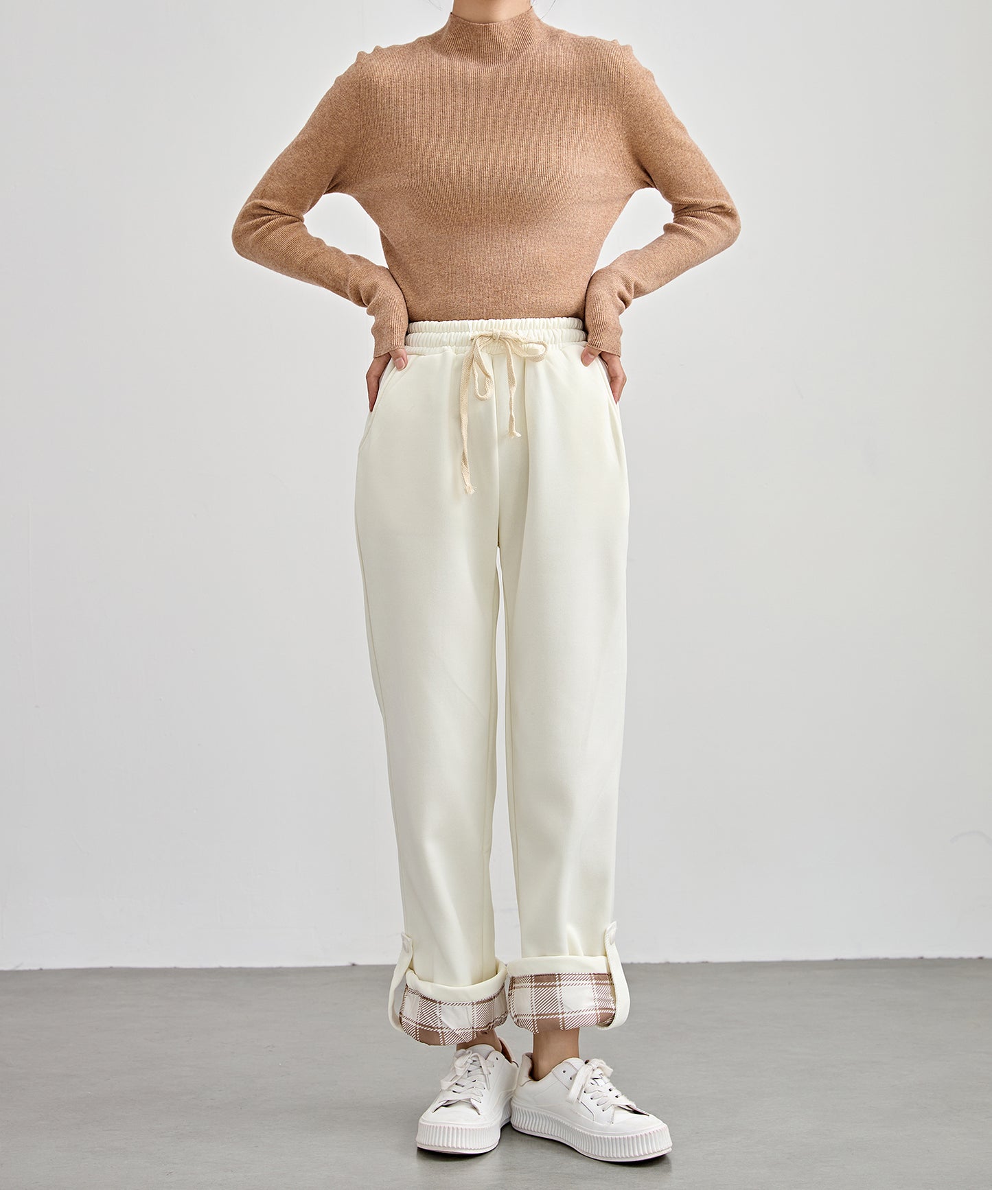 裏起毛 配色 チェック イージー ストレート パンツ