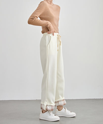 裏起毛 配色 チェック イージー ストレート パンツ