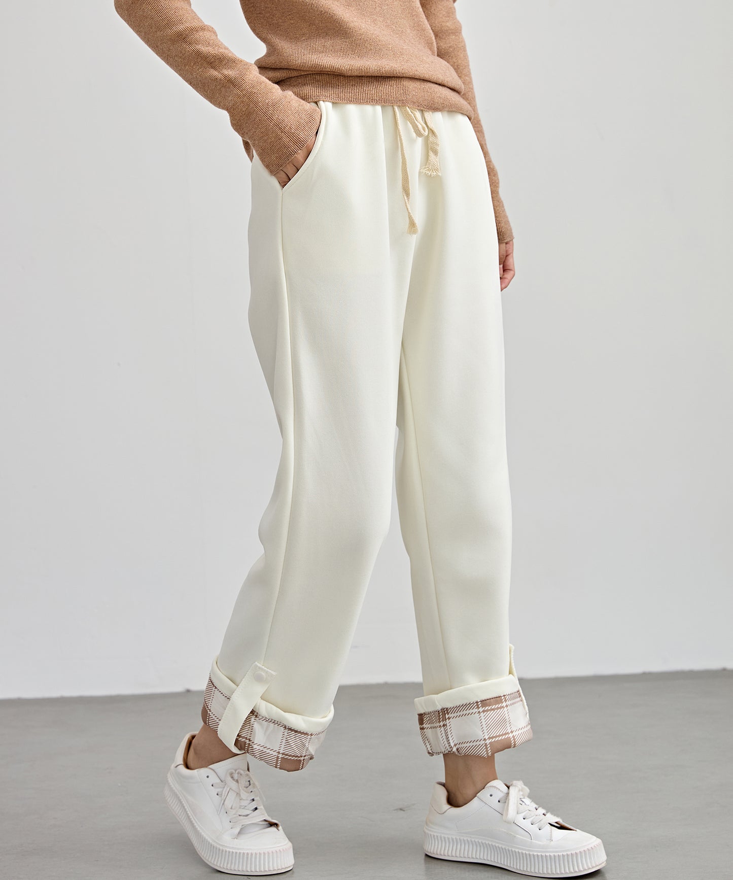 裏起毛 配色 チェック イージー ストレート パンツ